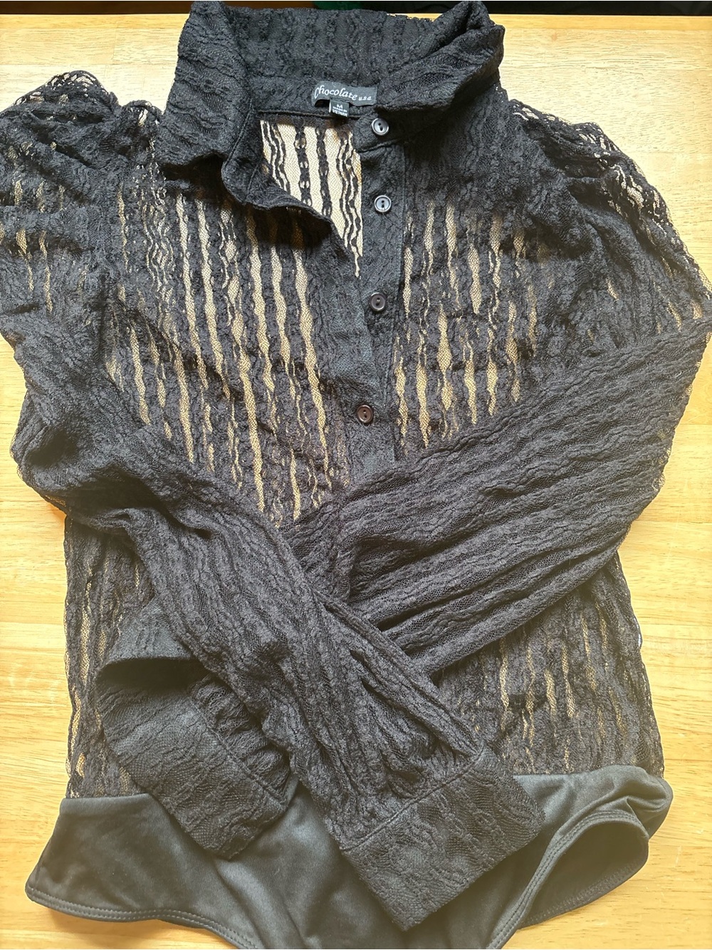 Chocolate Black Sheer Textured Button-Front Bodysuit